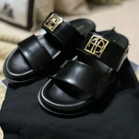 Anine Bing Parker monogramed leather shiny slides - Picture 3 of 11